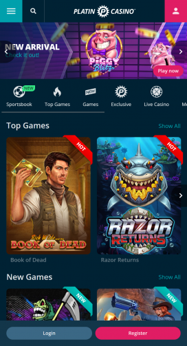 Platin Casino Apps Homepage