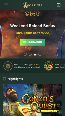 Casinia Apps Homepage